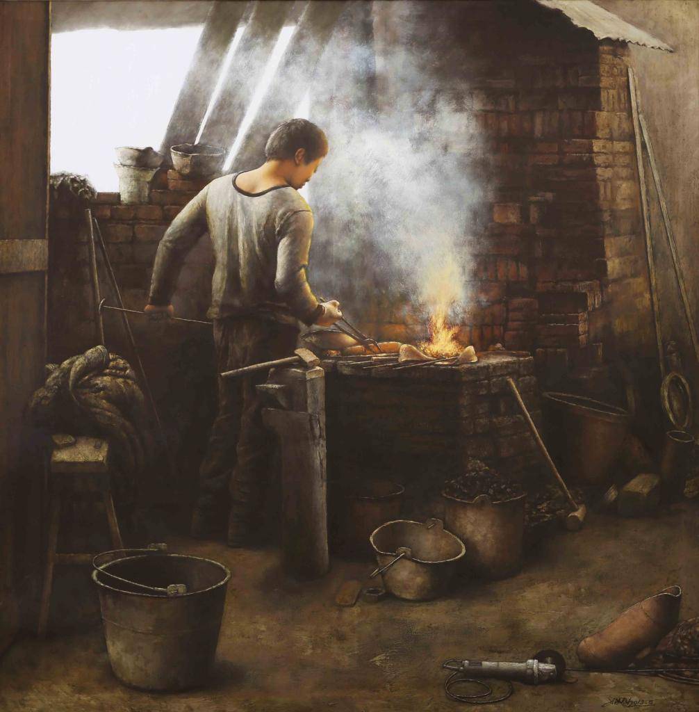油画《铁匠铺》130 x 130cm 作者:熊建奇